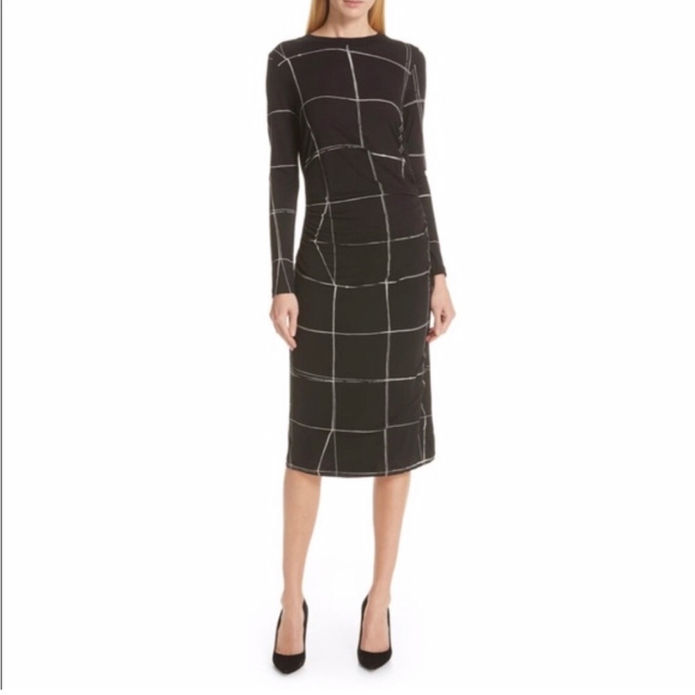 NWT Nordstrom Hugo Boss Esetta Windowpane Long Sleeve Sheath Midi Dress Sz XS